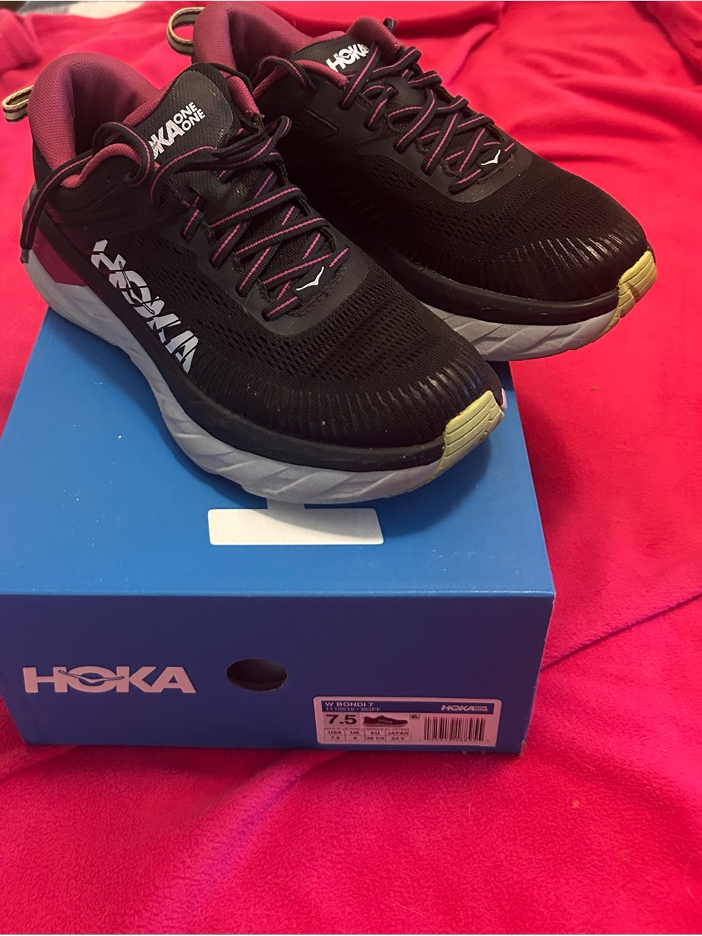 Hoka Women's Black and Pink Athletic Running Shoes with Yellow Toe Accents